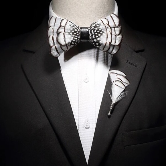 Other - Handmade Black and White Feather Bow Tie Boutonnière Lapel Pin Set